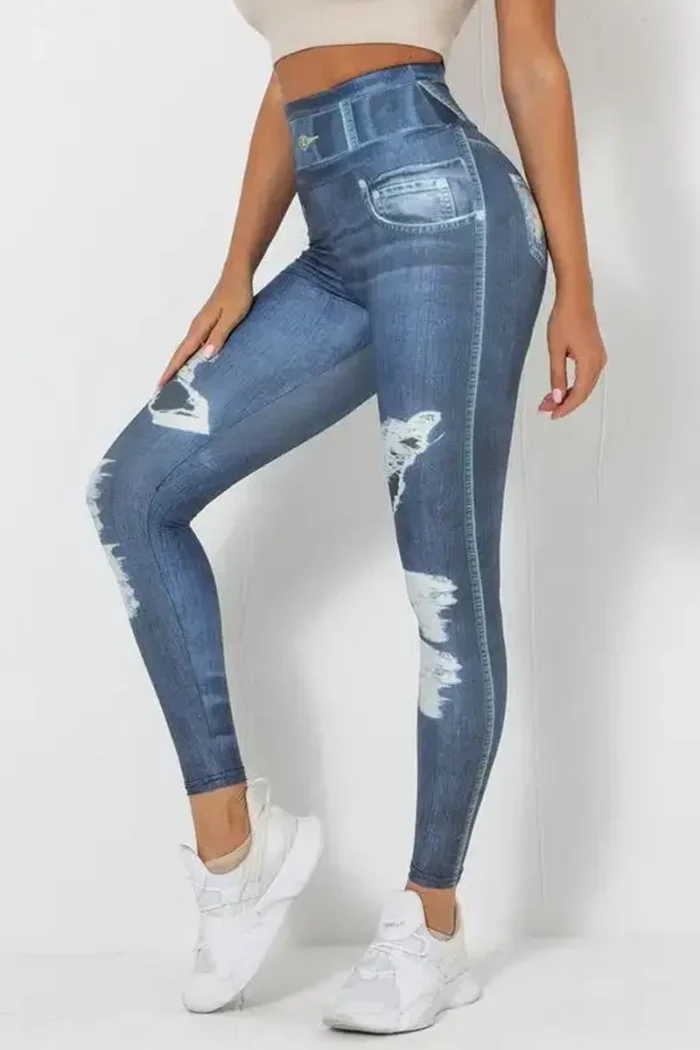 Sporty Look-Alike-Jeans Tights – Dark Blue – L