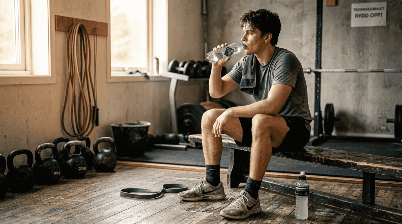 En utøver tar en pause og slapper av på treningssenteret etter en tøff økt.