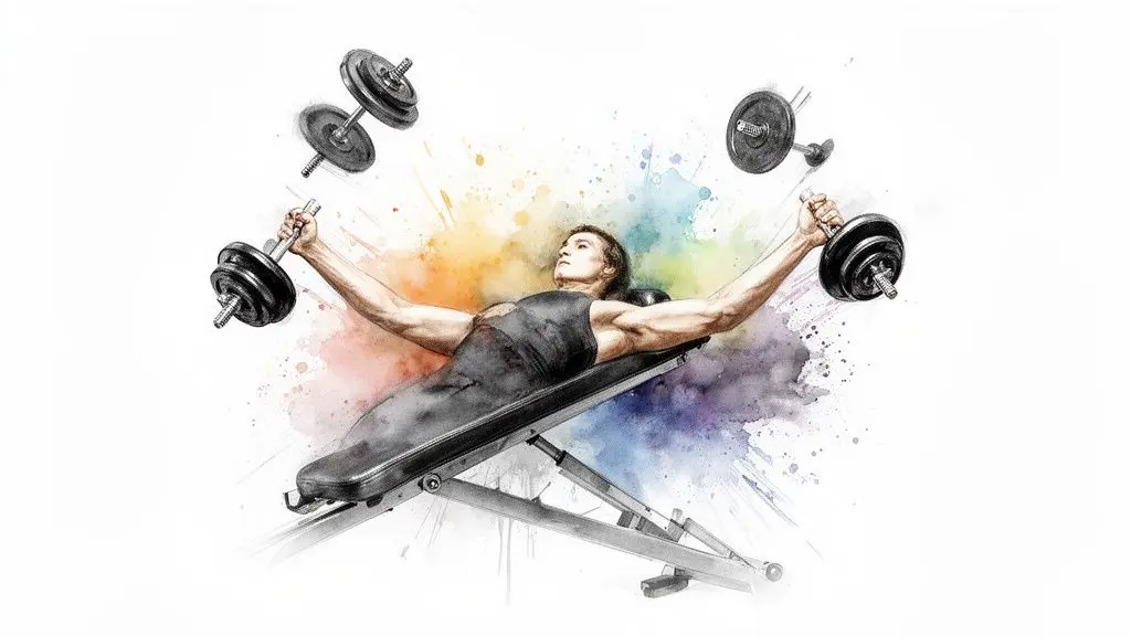 Mann trener bryst med manualer på skråbenk, illustrert med dynamiske fargesprut.