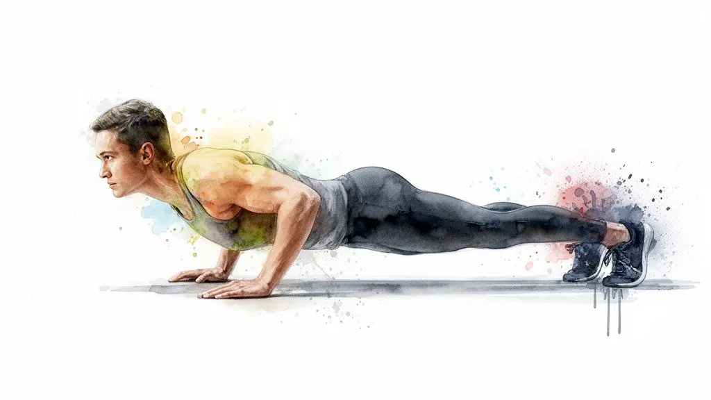 Vannfargemaling av en muskuløs mann som utfører en push-up øvelse med fargerike sprut.